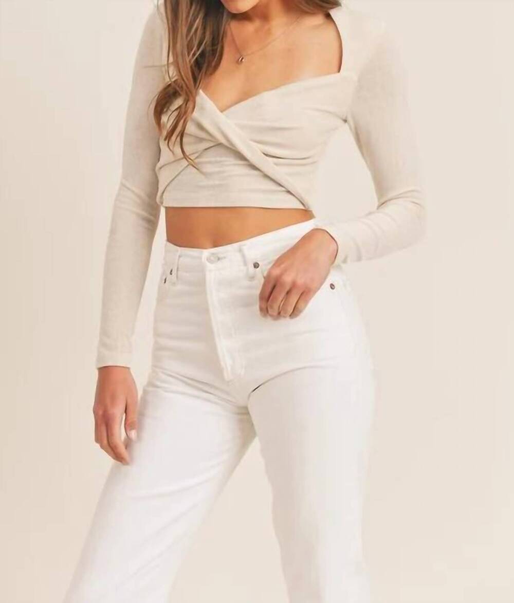 NEW MABLE slinky long sleeve front twist detail crop top in taupe